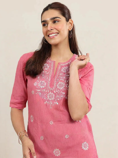 Pink Embroidered Cotton Kurti for women – Chikankari-Style Floral Design, 3/4 Sleeves Straight Fit