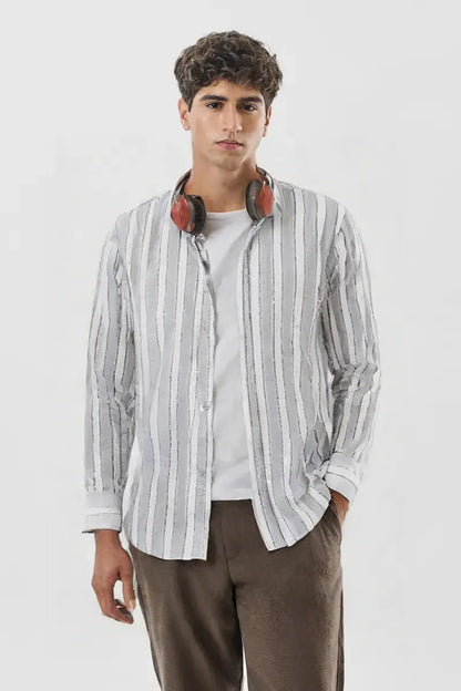 Premium White & Grey Vertical Stripe Men's Cotton Paper Shirt – Regular Fit