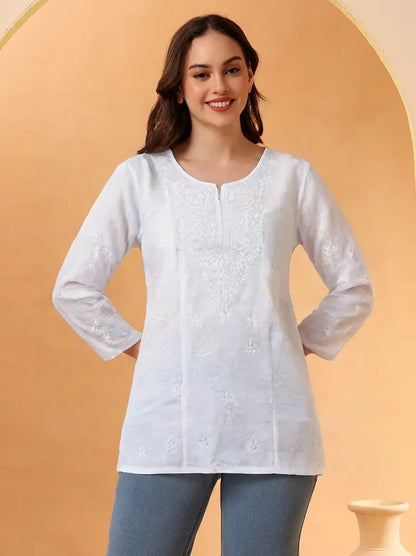 Women's White Cotton Chikankari Kurti – Elegant Hand-Embroidered Casual Wear
