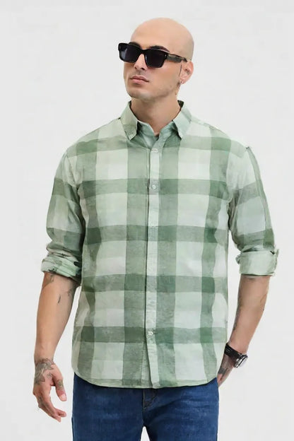 Men's Green Checkered Slim Fit Cotton Shirt – Full Sleeve Casual Wear
