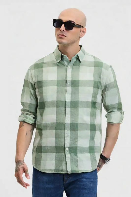 Men's Green Checkered Slim Fit Cotton Shirt – Full Sleeve Casual Wear