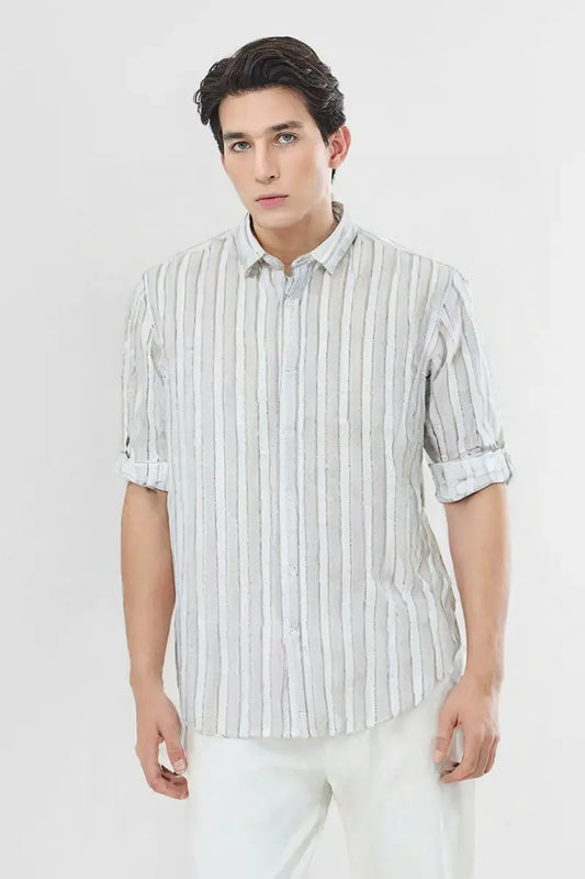 Premium White & Light Grey Vertical Striped Cotton Paper Shirt for Men – Casual & Formal Wear