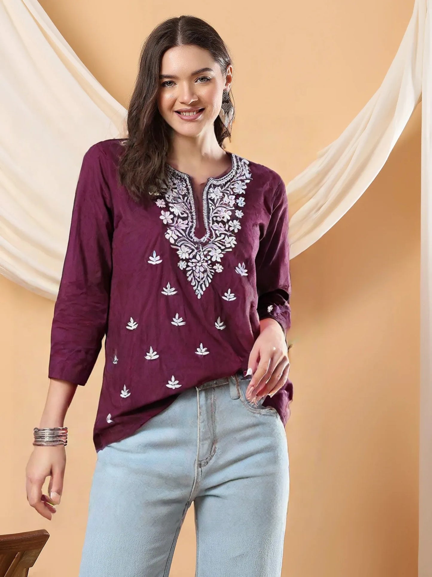 Women's Purple Cotton Embroidered Kurti – Elegant Ethnic Tunic for Casual & Festive Wear