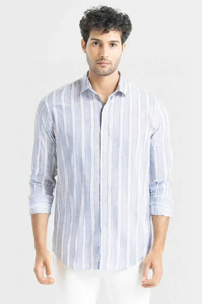 Men’s Light Blue & White Vertical Striped Casual Shirt – Pure Cotton Paper Shirt