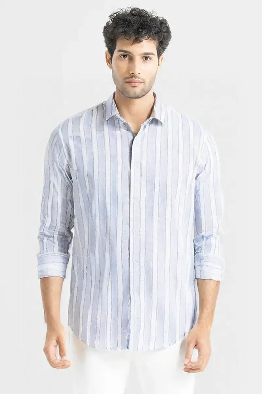 Men’s Light Blue & White Vertical Striped Casual Shirt – Pure Cotton Paper Shirt