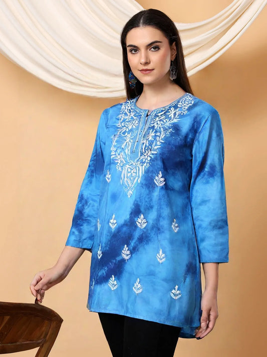 Women’s Blue Tie-Dye Cotton Kurti with White Embroidery – Casual & Ethnic Wear