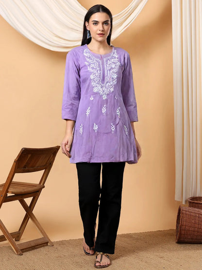 Women's Lilac Cotton Kurti with White Embroidery – Elegant Ethnic Wear for Casual & Office Look