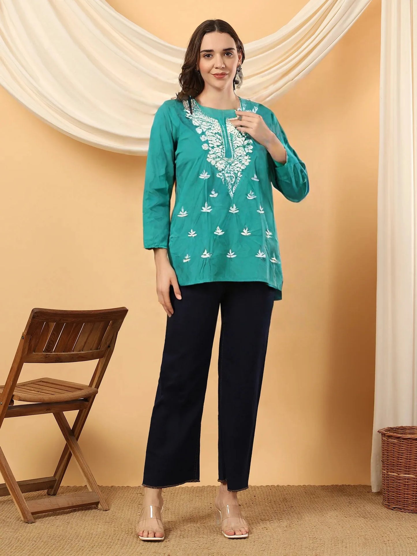 Women’s Teal Green Cotton Kurti with White Embroidery – Casual & Festive Wear