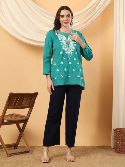 Women’s Teal Green Cotton Kurti with White Embroidery – Casual & Festive Wear