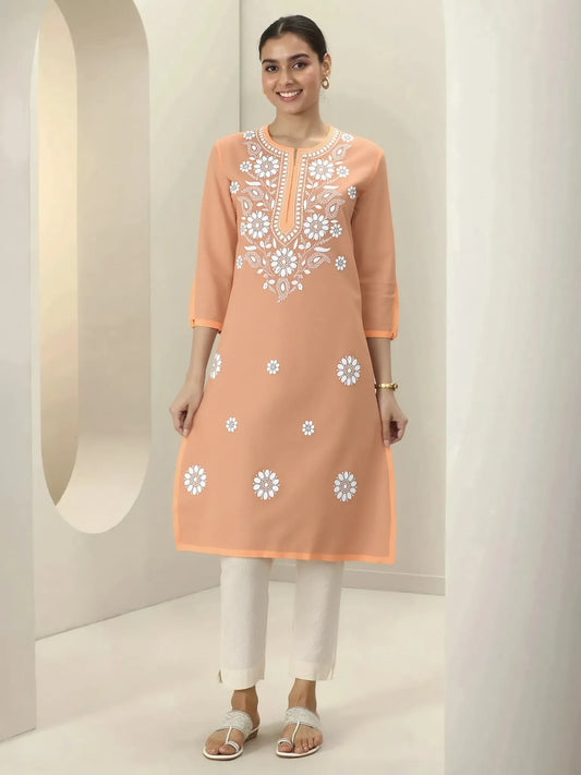 Peach Embroidered Straight Kurti for Women – Cotton Blend, Floral Chikankari Design, 3/4 Sleeves
