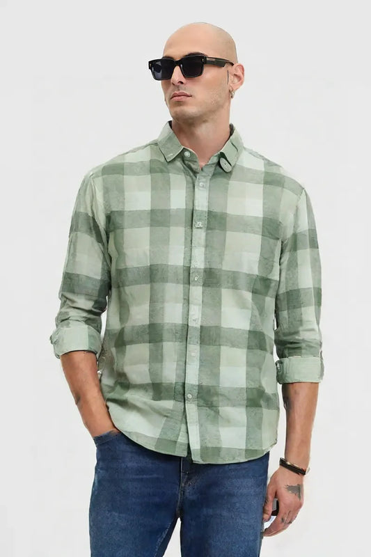 Men's Green Checkered Slim Fit Cotton Shirt – Full Sleeve Casual Wear