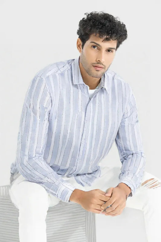 Men’s Light Blue & White Vertical Striped Casual Shirt – Pure Cotton Paper Shirt