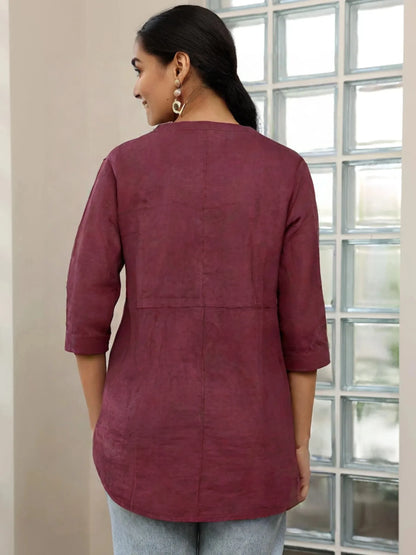 Maroon Cotton Short Chikan Kurti with White Floral Embroidery – Elegant Ethnic Wear for Women