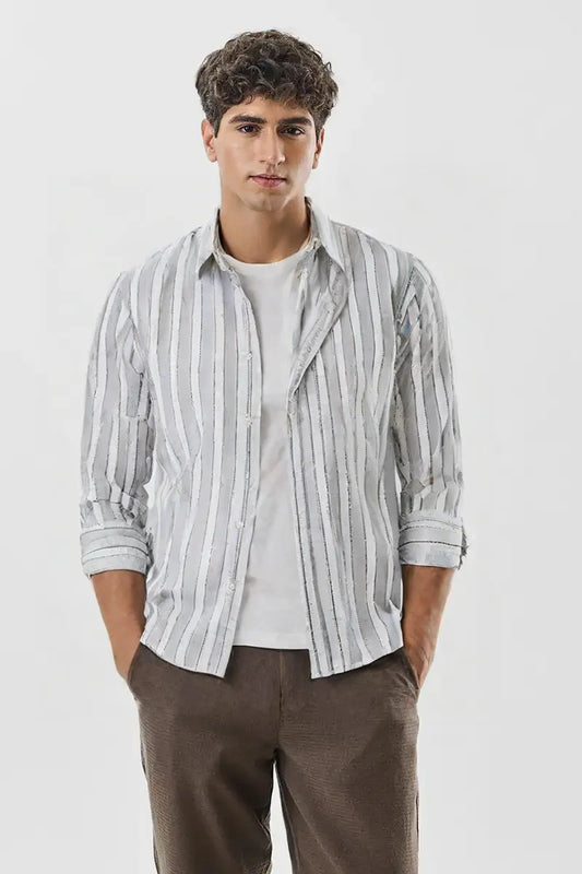 Premium White & Grey Vertical Stripe Men's Cotton Paper Shirt – Regular Fit