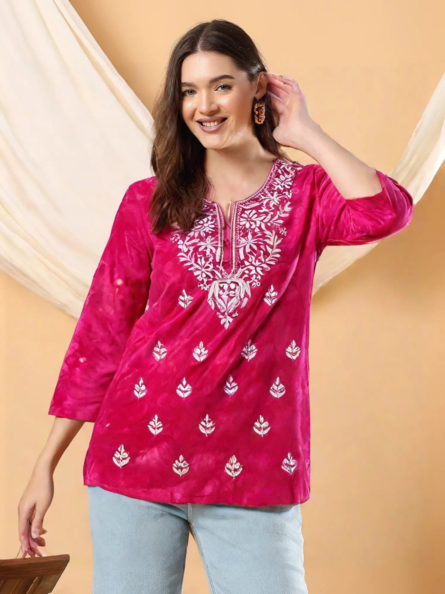Women’s Pink Tie-Dye Cotton Kurti with White Chikankari Embroidery – Casual & Festive Wear