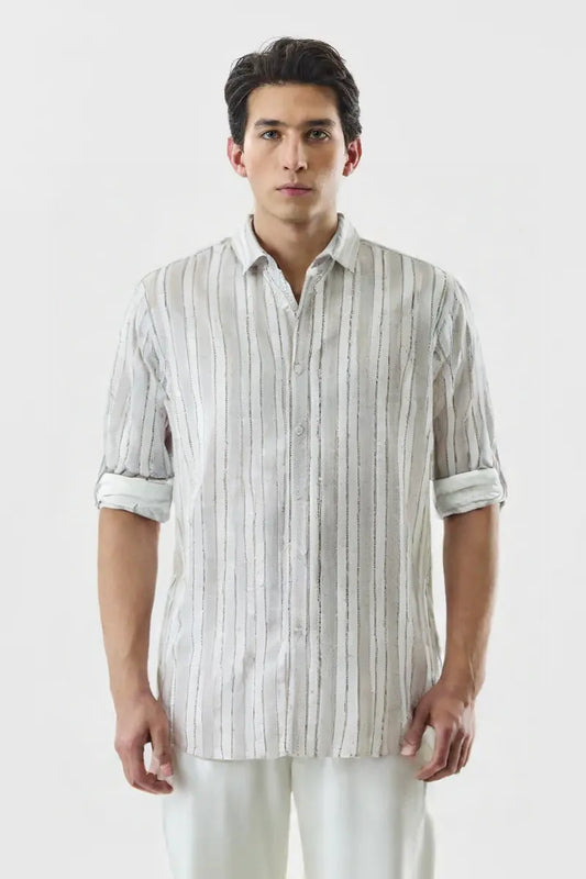 Premium White & Light Grey Vertical Striped Cotton Paper Shirt for Men – Casual & Formal Wear