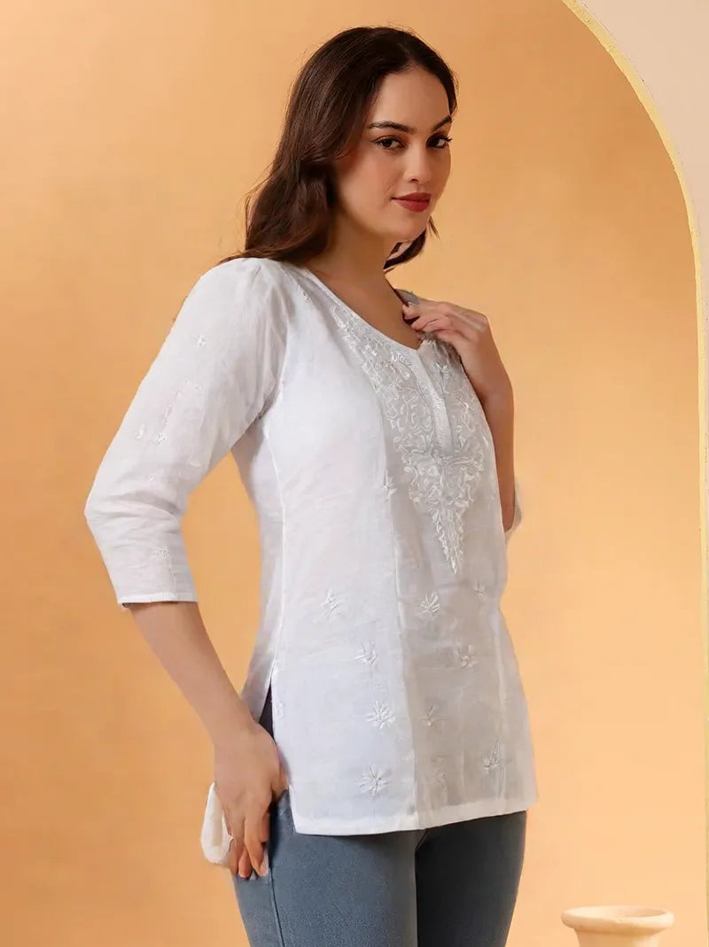 Women's White Cotton Chikankari Kurti – Elegant Hand-Embroidered Casual Wear