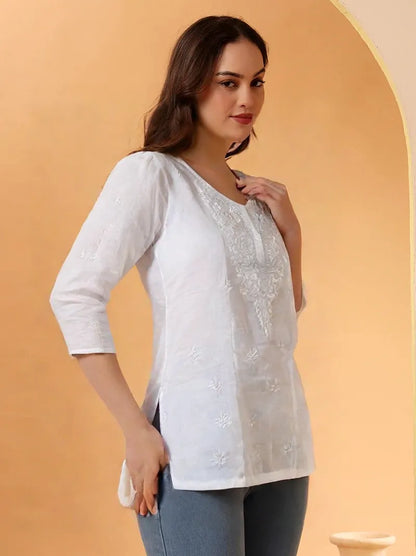 Women's White Cotton Chikankari Kurti – Elegant Hand-Embroidered Casual Wear