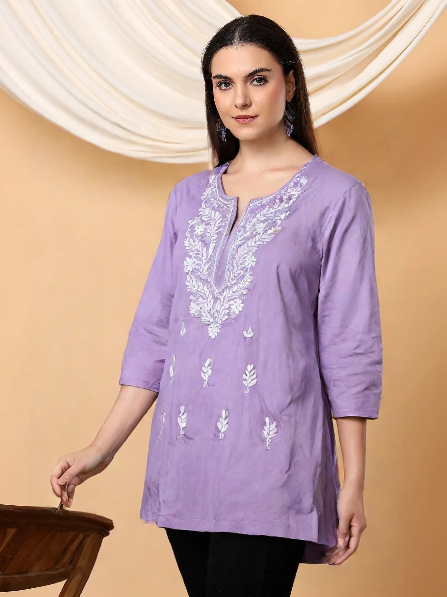 Women's Lilac Cotton Kurti with White Embroidery – Elegant Ethnic Wear for Casual & Office Look