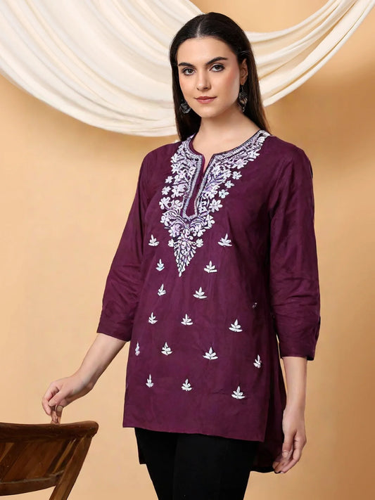 Women's Purple Cotton Embroidered Kurti – Elegant Ethnic Tunic for Casual & Festive Wear
