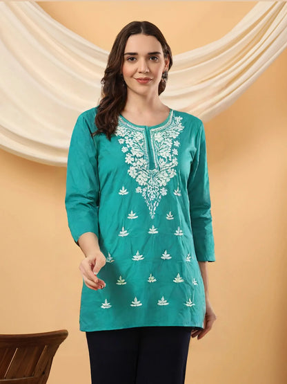 Women’s Teal Green Cotton Kurti with White Embroidery – Casual & Festive Wear