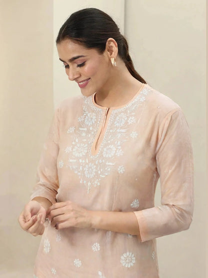 Peach Embroidered Straight Kurti for Women – Cotton Blend, Floral Chikankari Design, 3/4 Sleeves