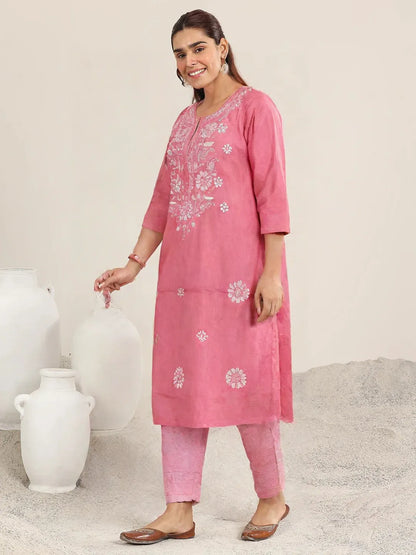 Pink Embroidered Cotton Kurti for women – Chikankari-Style Floral Design, 3/4 Sleeves Straight Fit
