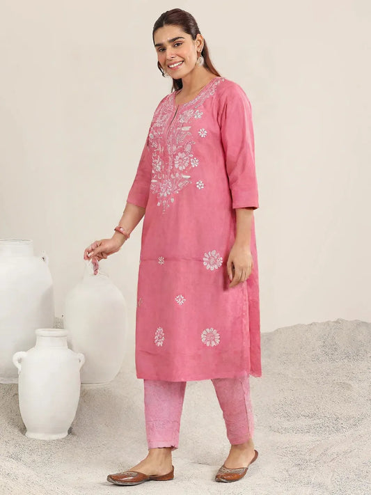 Pink Embroidered Cotton Kurti for women – Chikankari-Style Floral Design, 3/4 Sleeves Straight Fit
