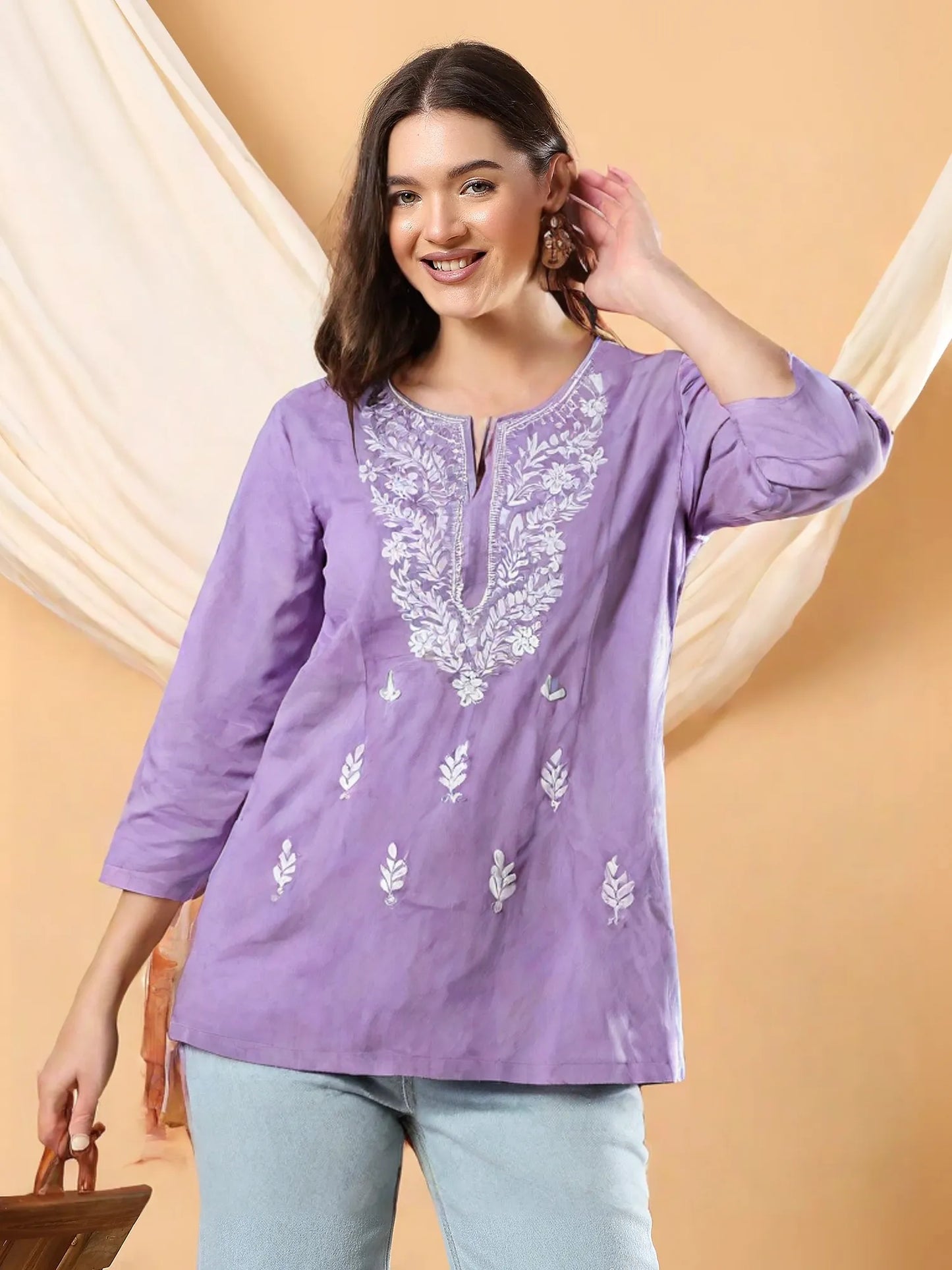 Women's Lilac Cotton Kurti with White Embroidery – Elegant Ethnic Wear for Casual & Office Look