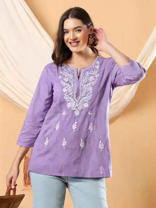 Women's Lilac Cotton Kurti with White Embroidery – Elegant Ethnic Wear for Casual & Office Look