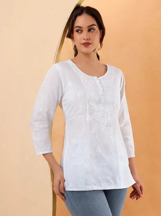 Women's White Cotton Chikankari Kurti – Elegant Hand-Embroidered Casual Wear
