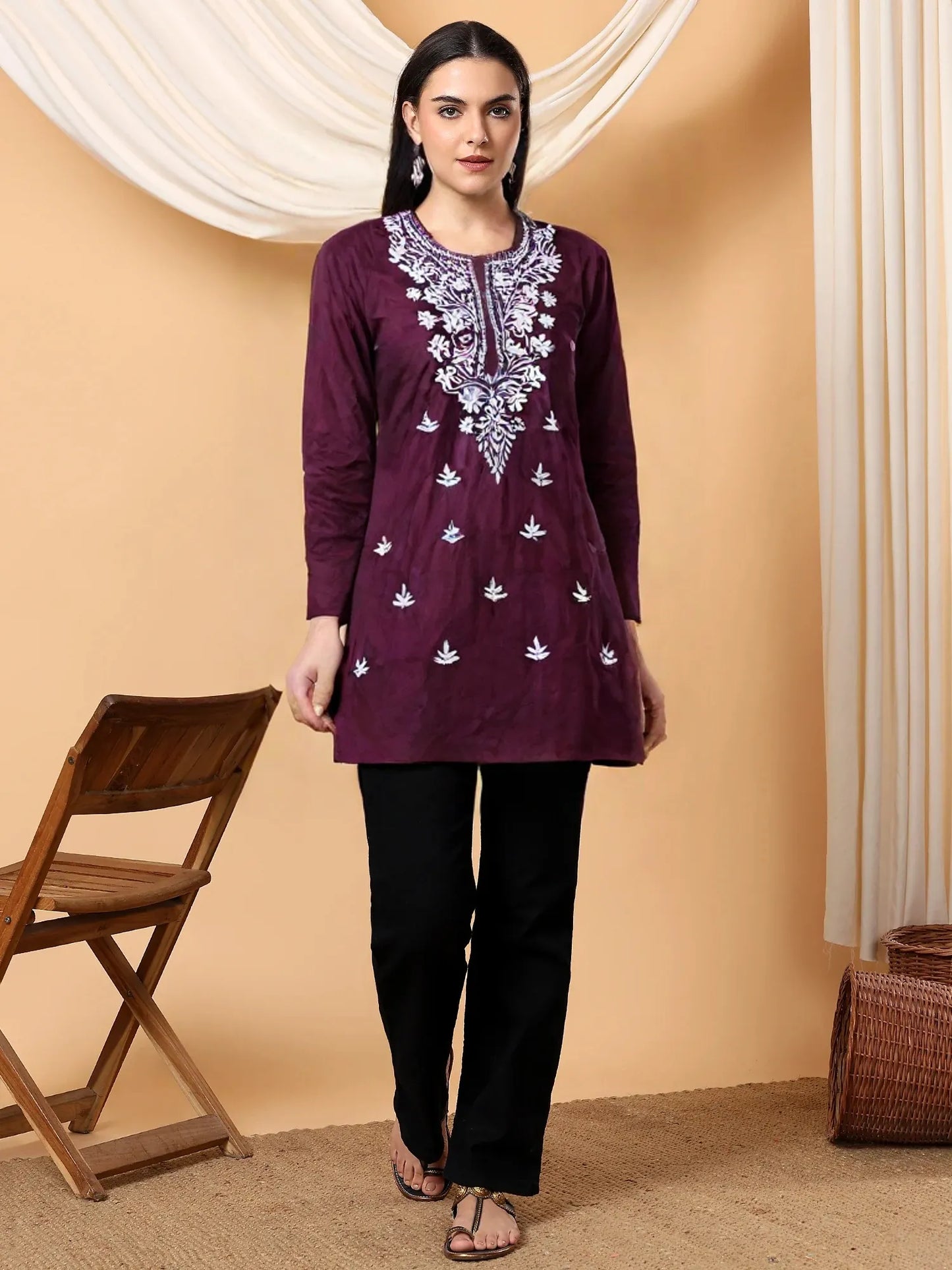 Women's Purple Cotton Embroidered Kurti – Elegant Ethnic Tunic for Casual & Festive Wear