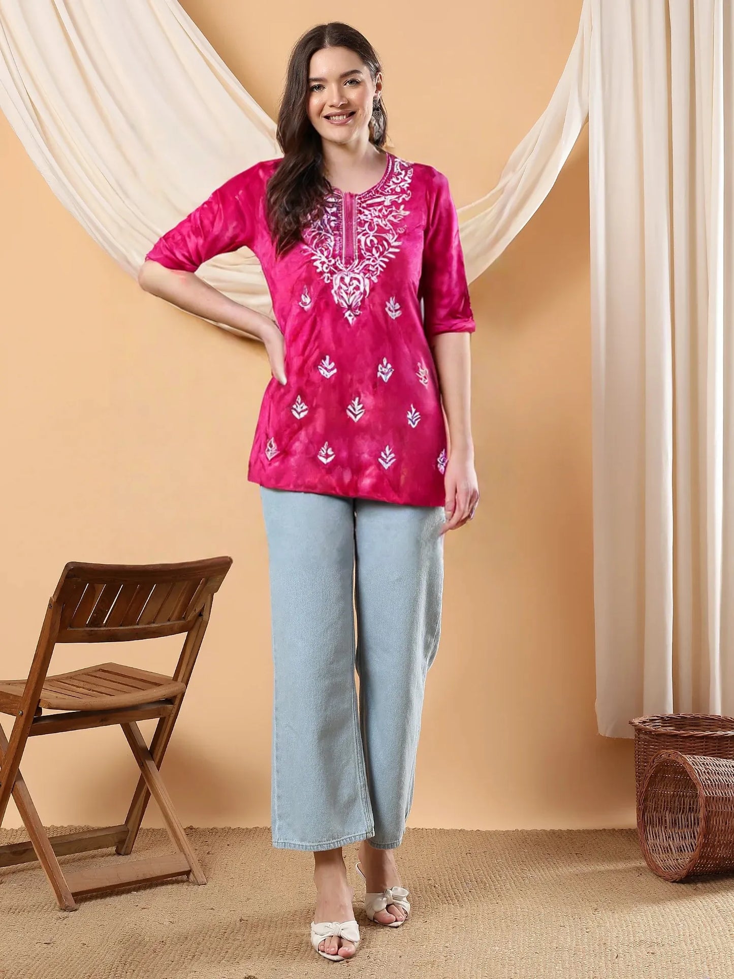 Women’s Pink Tie-Dye Cotton Kurti with White Chikankari Embroidery – Casual & Festive Wear