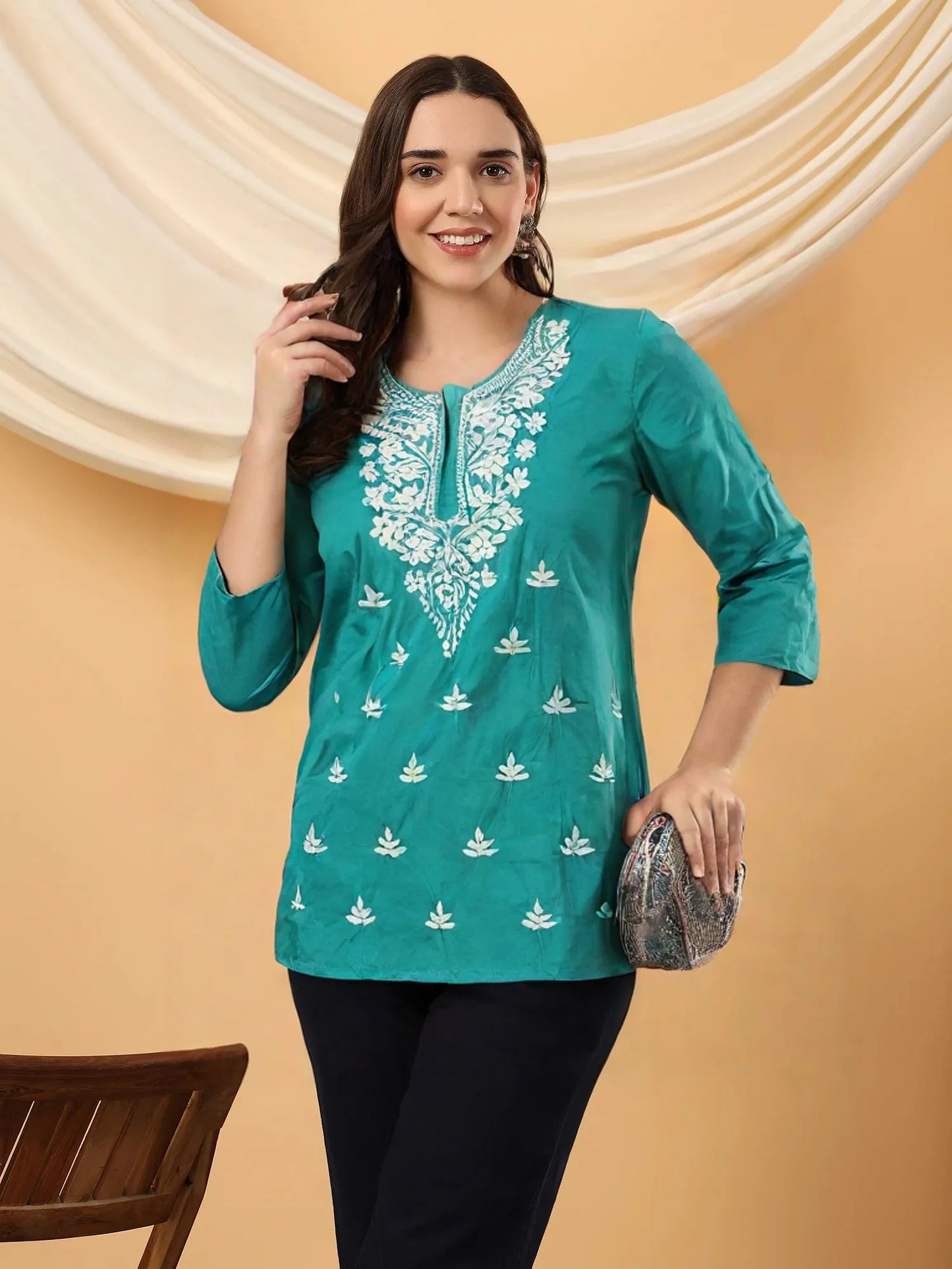 Women’s Teal Green Cotton Kurti with White Embroidery – Casual & Festive Wear