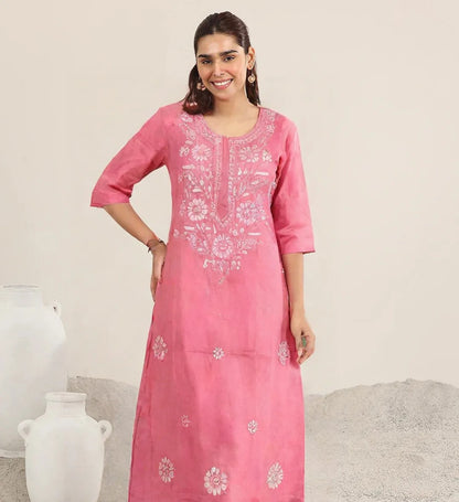 Pink Embroidered Cotton Kurti for women – Chikankari-Style Floral Design, 3/4 Sleeves Straight Fit
