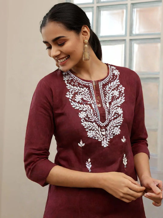 Maroon Cotton Short Chikan Kurti with White Floral Embroidery – Elegant Ethnic Wear for Women