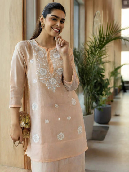 Peach Embroidered Straight Kurti for Women – Cotton Blend, Floral Chikankari Design, 3/4 Sleeves