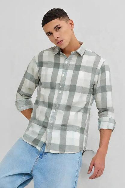 Men’s Sage Green & White Checkered Casual Shirt – Soft Cotton Blend, Full Sleeve