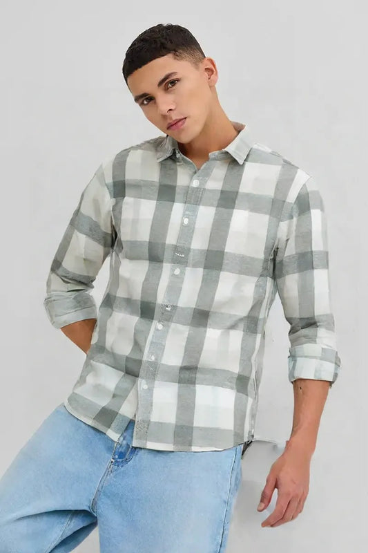 Men’s Sage Green & White Checkered Casual Shirt – Soft Cotton Blend, Full Sleeve