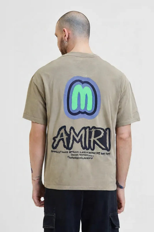 Men’s Beige Graphic T-Shirt with Neon Green “M” Logo – Urban Casual Streetwear