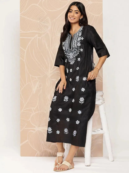 Black Cotton Chikankari Embroidered Kurti for Women – Elegant Floral Design | Daily & Festive Wear