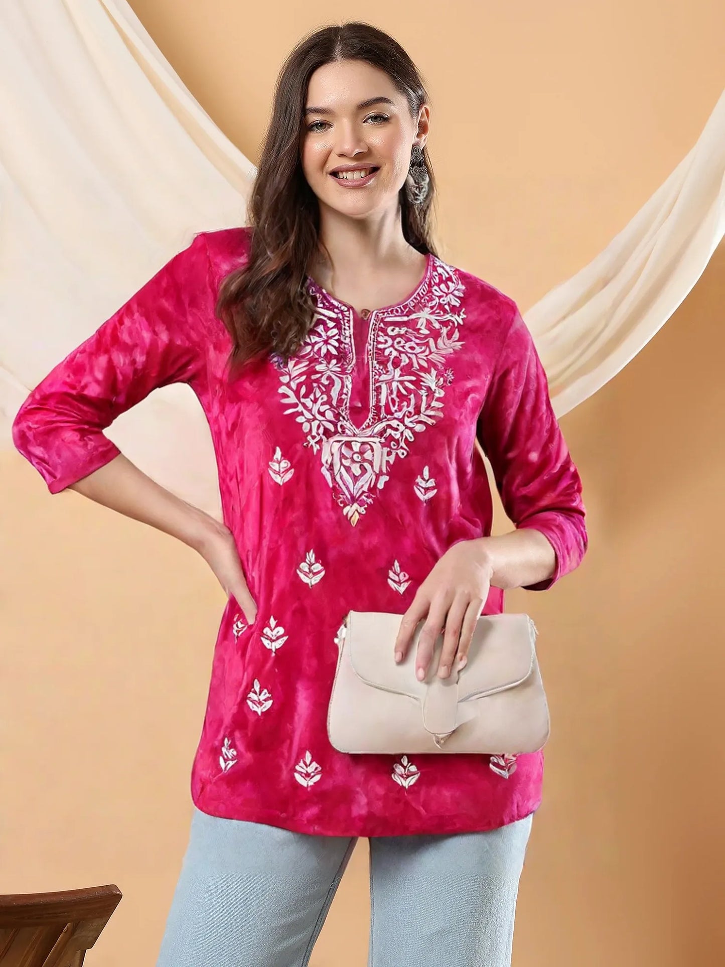 Women’s Pink Tie-Dye Cotton Kurti with White Chikankari Embroidery – Casual & Festive Wear
