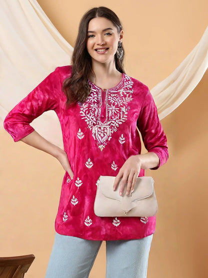 Women’s Pink Tie-Dye Cotton Kurti with White Chikankari Embroidery – Casual & Festive Wear