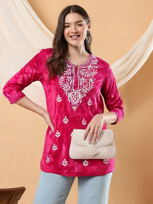 Women’s Pink Tie-Dye Cotton Kurti with White Chikankari Embroidery – Casual & Festive Wear