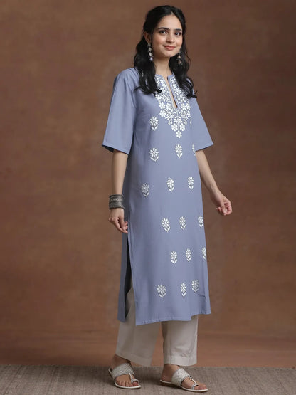 Elegant Grey Cotton Chikankari Embroidered Straight Kurti for Women – Ethnic Wear