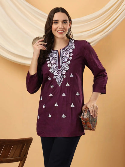Women's Purple Cotton Embroidered Kurti – Elegant Ethnic Tunic for Casual & Festive Wear